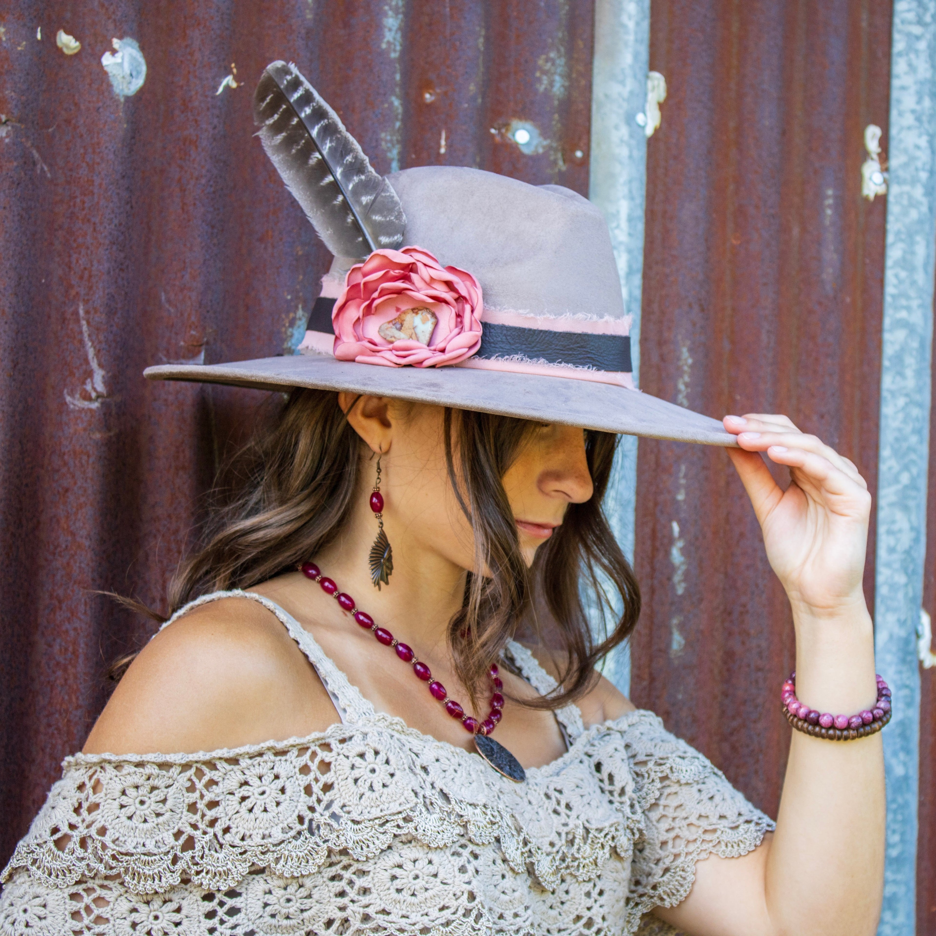 Natural Pink Jade Beaded Collar Necklace w/ Scroll Pendant 261L