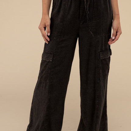 Washed Linen Elastic Band Waist Cargo Pants