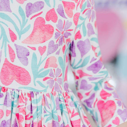 Watercolor Hearts 3/4 Sleeve Pocket Twirl Dress