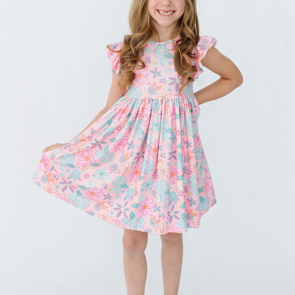 Beachy Blooms Flutter Sleeve Twirl Dress