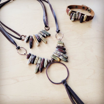 Picasso Jasper Necklace w/ Copper Hoop & Leather Tassel 261e