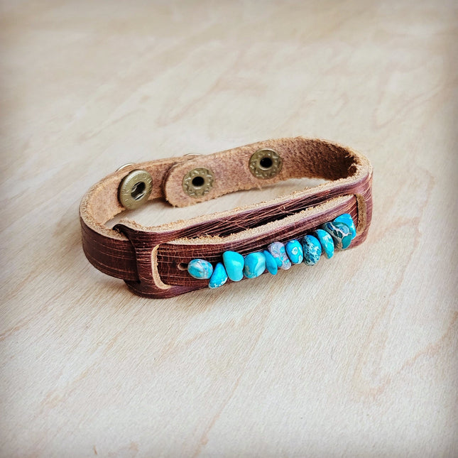**Genuine Leather Narrow Cuff with Turquoise Regalite Stones 006v