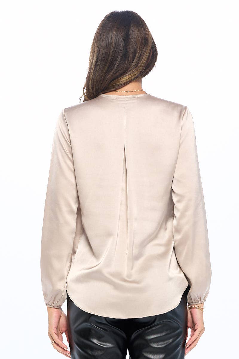 Champagne Satin Long Sleeve Surplice Top