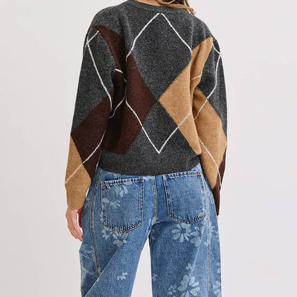 Charcoal Wine Camel  V-Neck Argyle Sweater