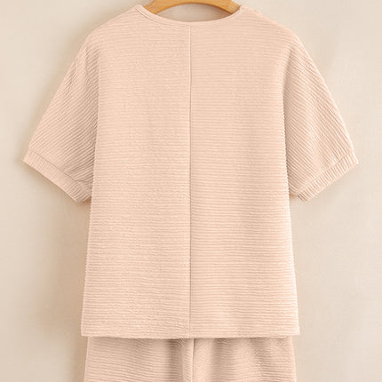 Luxury Textured V Neck T Shirt and Shorts Set
