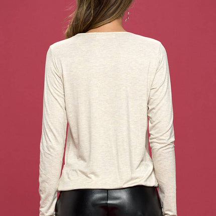 Oatmeal Surplice Long Sleeve Knit Top