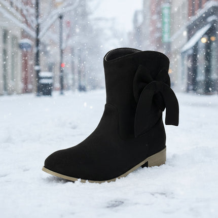 Women’s Low Heel Suede Bow Boots | Large Size Casual Winter Ankle Boots
