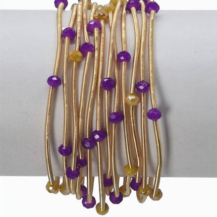 Set of 9 Gold Wired Stretch Yellow & Purple Bracelets