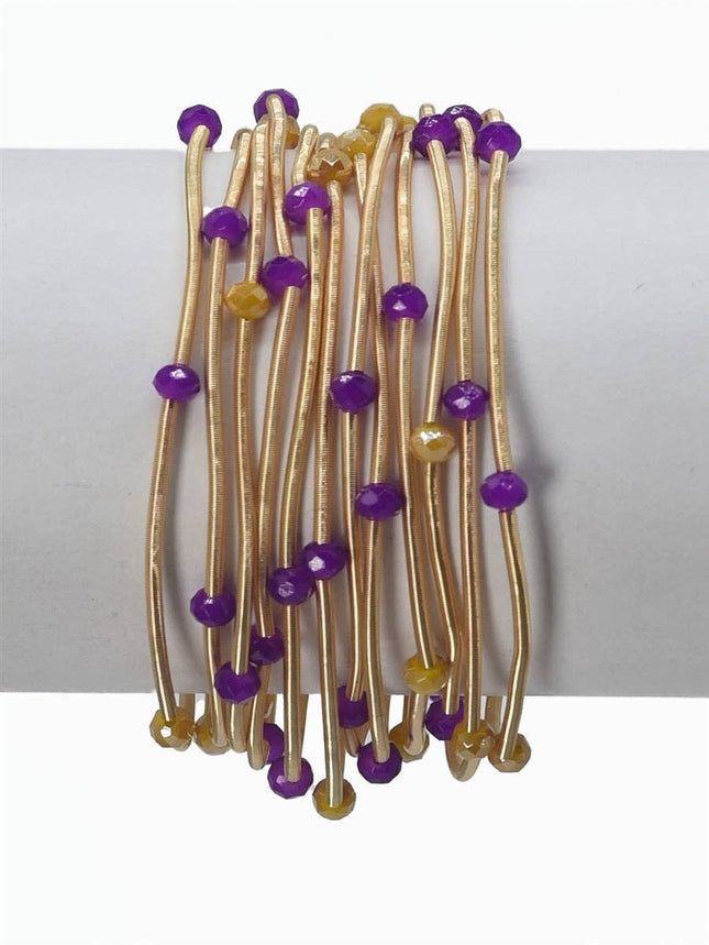 Set of 9 Gold Wired Stretch Yellow & Purple Bracelets