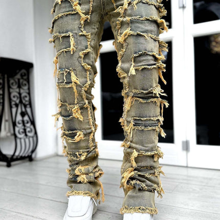 Patched Pants Long Tight Fit Stacked Jeans