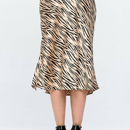 Zebra Print Satin Midi Skirt