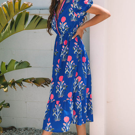 Luxury Floral Puff Short Sleeve V Neck High Waist Maxi Dress