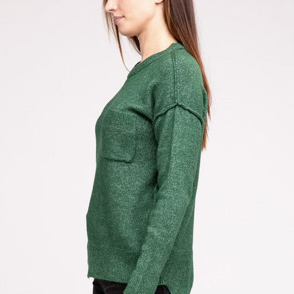 Melange Hi-Low Hem Round Neck Sweater