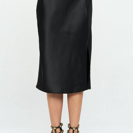 Black Satin Midi Skirt with Slit