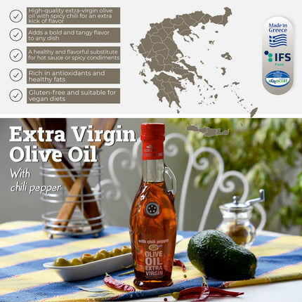 KORVEL Greek Extra Virgin Olive Oil with Chili Pepper - 8.45 fl oz (250ml) - 6 Pack