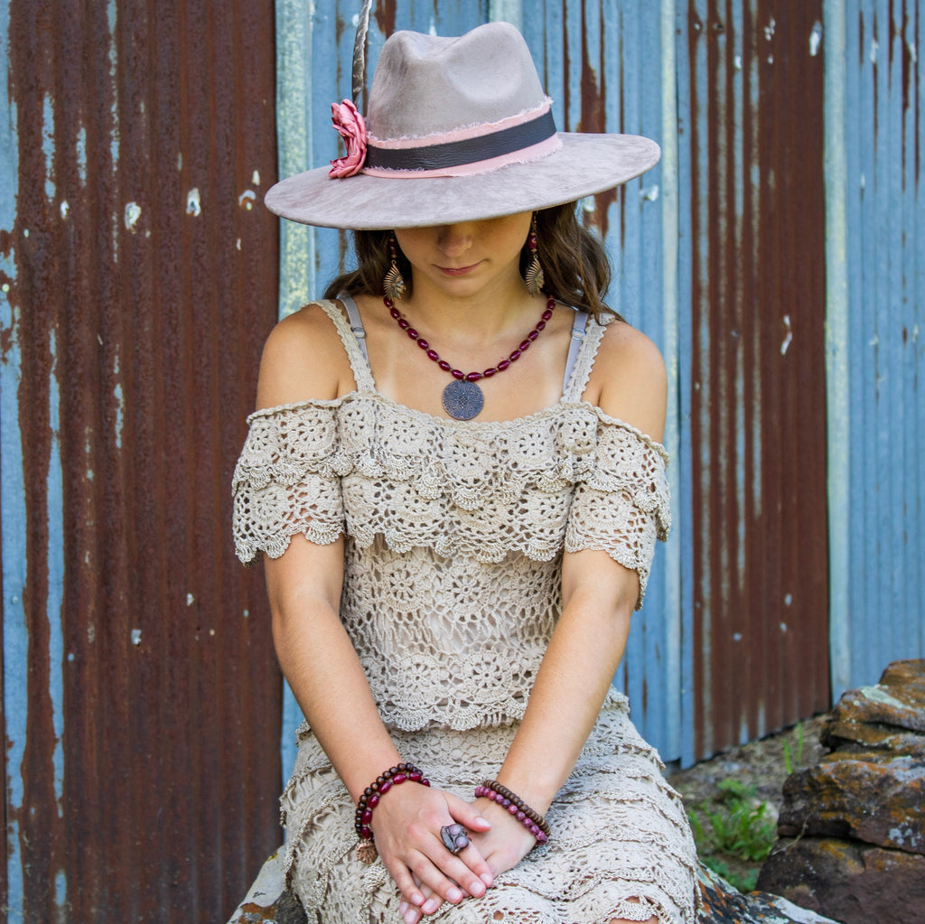 Natural Pink Jade Beaded Collar Necklace w/ Scroll Pendant 261L