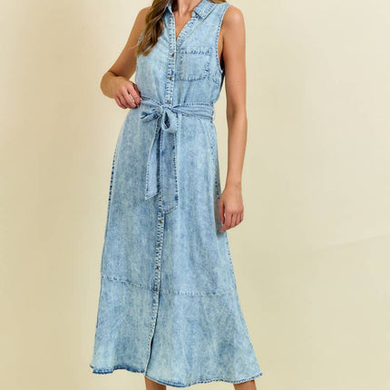 Denim Look Midi Dress with Tie Belt