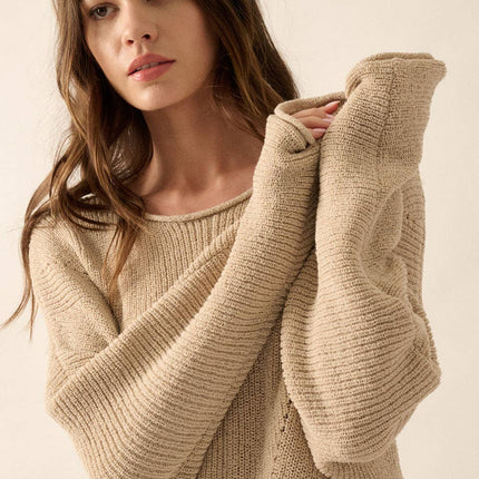 Solid Rib-Knit Dolman-Sleeve Sweater: Oatmeal