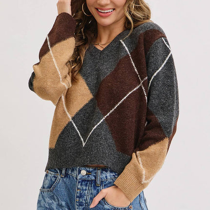 Charcoal Wine Camel  V-Neck Argyle Sweater
