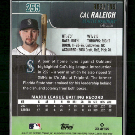 2022 Stadium Club Chrome Blue #/199 Cal Raleigh Rookie #255
