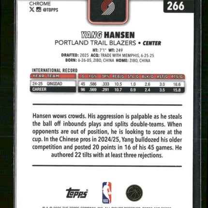 2025-26 Topps Chrome Basketball Refractor Yang Hansen Rookie #266