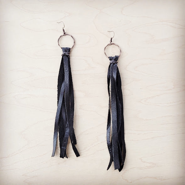**Leather Fringe Tassel Earrings in Dark Brown 203y