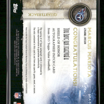 2015 Topps Valor Shield of Honor Autograph Speed Marcus Mariota #/99 #SHA-MM