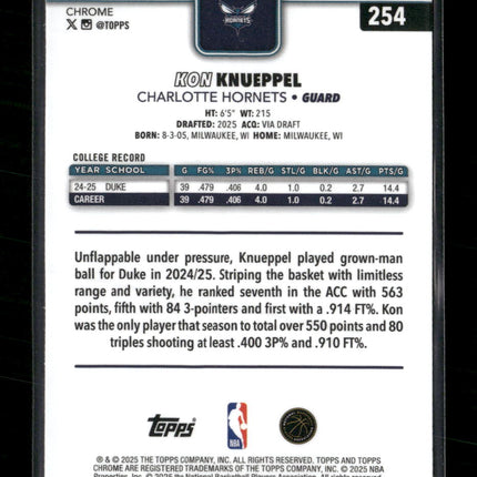 2025-26 Topps Chrome Red White and Blue Refractor Kon Knueppel Rookie #254