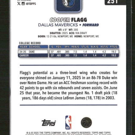 2025-26 Topps Chrome Cooper Flagg Rookie #251