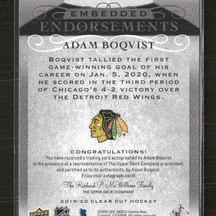 2019-20 Upper Deck Clear Cut Embedded Endorsements Adam Boqvist #/99 Auto #EE-AB