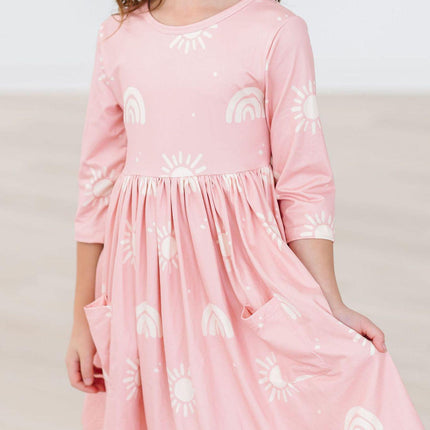 SALE Soft Pink Suns 3/4 Sleeve Pocket Twirl Dress