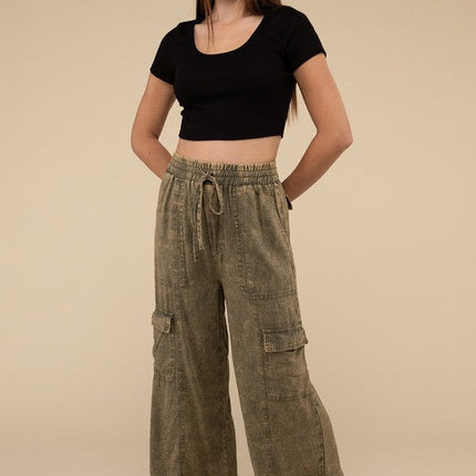 Washed Linen Elastic Band Waist Cargo Pants