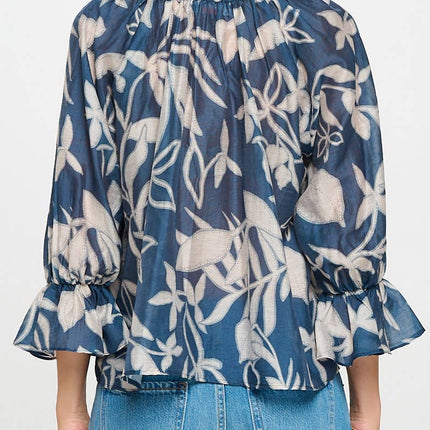 Blue & Tan Round Neck Top with Front Tie Detail