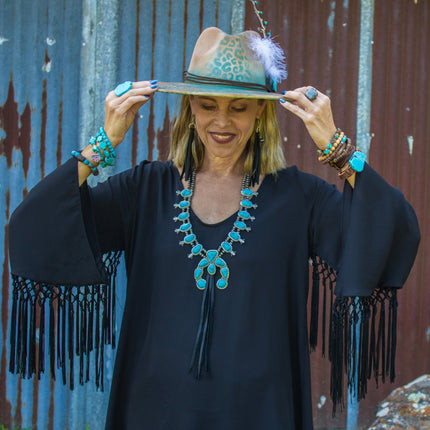 **Turquoise Squash Blossom Necklace w/ Long Black Tassel 262b