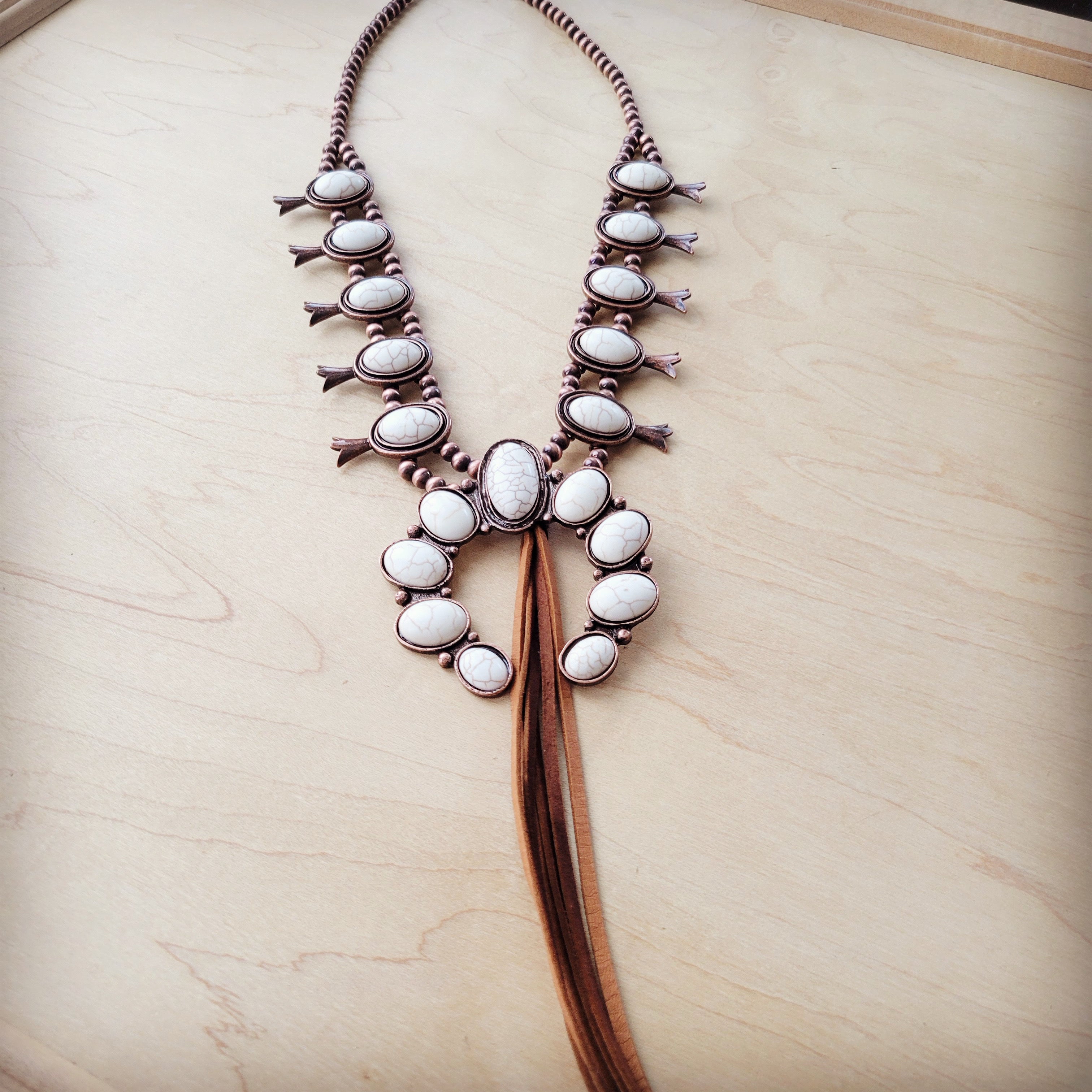 White Turquoise Squash Blossom Necklace w/ Tan Tassel 262a