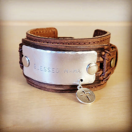**Blessed Mama Hand Stamped Genuine Leather Cuff 013g