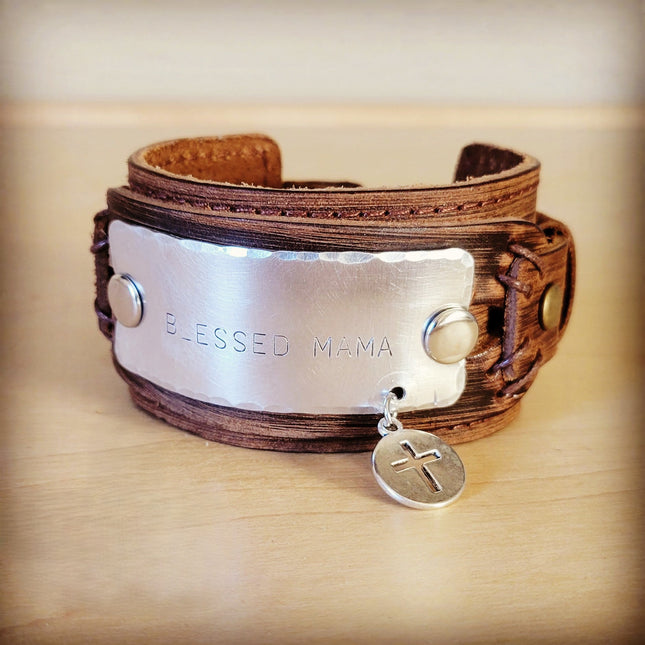 **Blessed Mama Hand Stamped Genuine Leather Cuff 013g