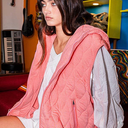 Quilted Hooded Zip-Up Vest Coral