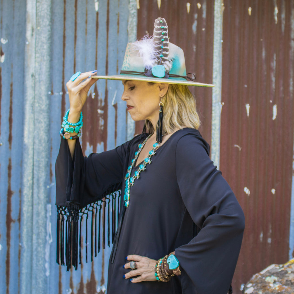 **Black Leather Fringe Earrings with Silver Bead Accent-Black 200c