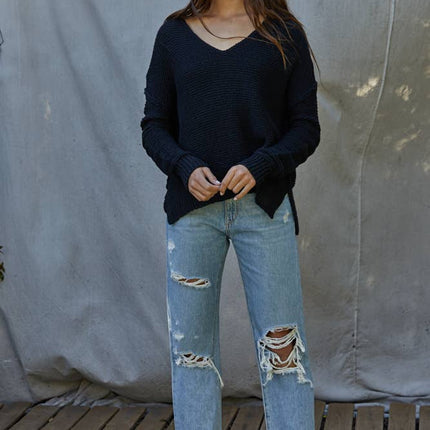 Knit Sweater V-Neck Long Sleeve Top