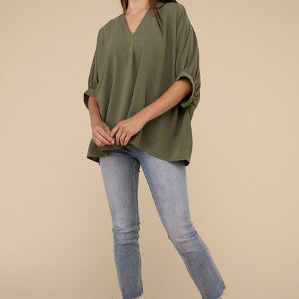 Woven Airflow V-Neck Puff Half Sleeve Top