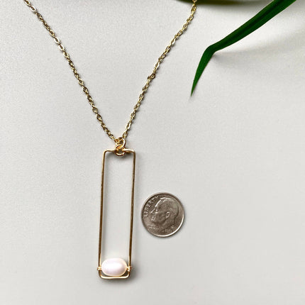 Pearl Necklace with Gold Rectangle Drop Pendant and Chain