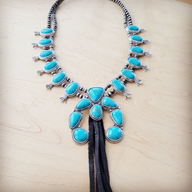 **Turquoise Squash Blossom Necklace w/ Long Black Tassel 262b