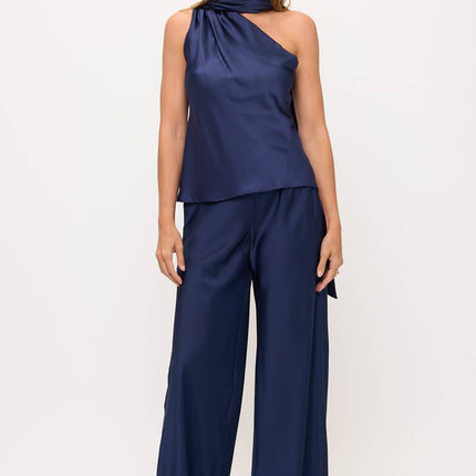 Navy Satin Top w Scarf Detail