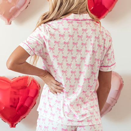Luxury Bowknot Printed Short Sleeve and Ruffled Shorts Pajama Set