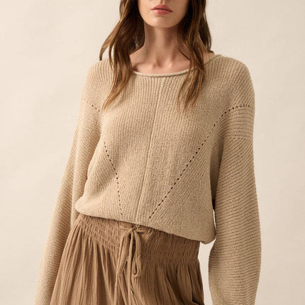 Solid Rib-Knit Dolman-Sleeve Sweater: Oatmeal