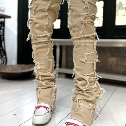Patched Pants Long Tight Fit Stacked Jeans