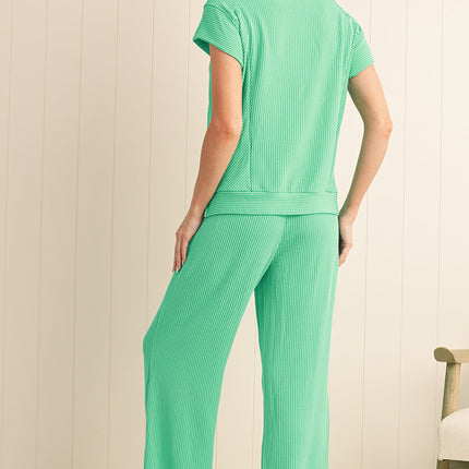 Luxury Solid Corded Short Sleeve T Shirt And Wide Leg Pants Set