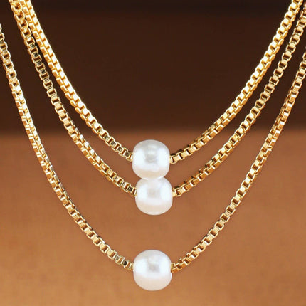 Brass 3 Layered Pearl Bead Necklace