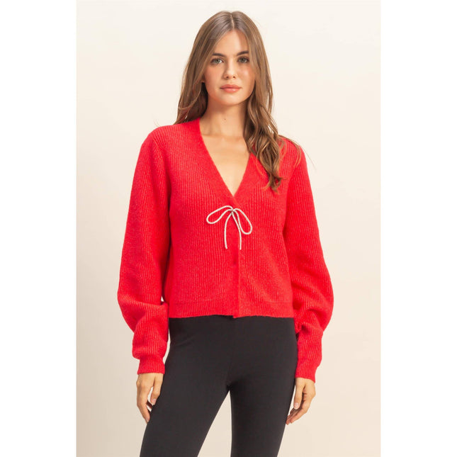 Red V Neck Sweater with Sparkly Bow